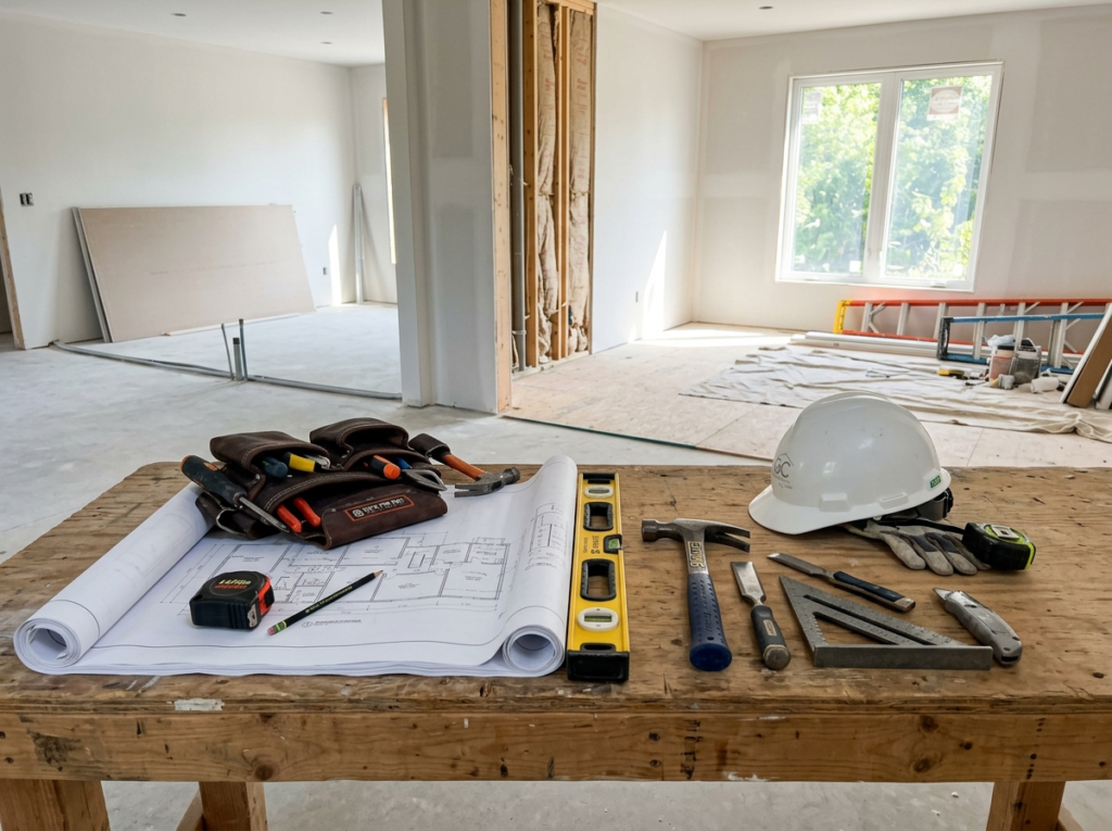 Contractor tools, blueprint and tool belt on a work table at a renovation site mid-progress