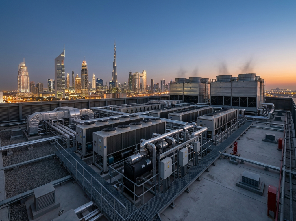 Rooftop chiller units and cooling towers at dusk