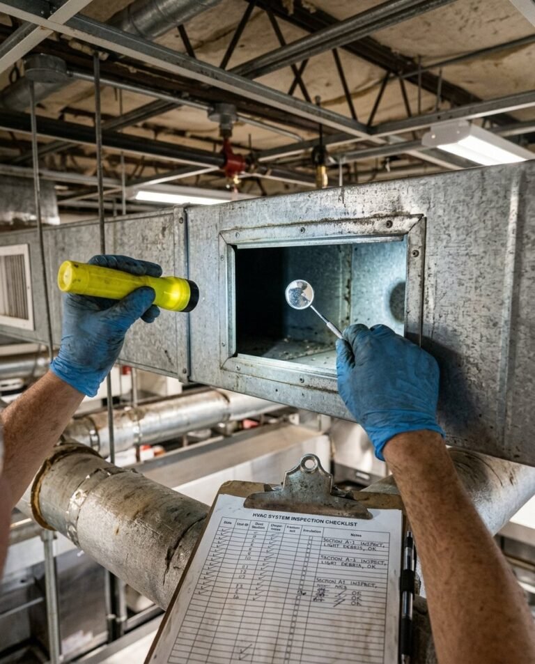 Inspecting HVAC ductwork during preventive maintenance