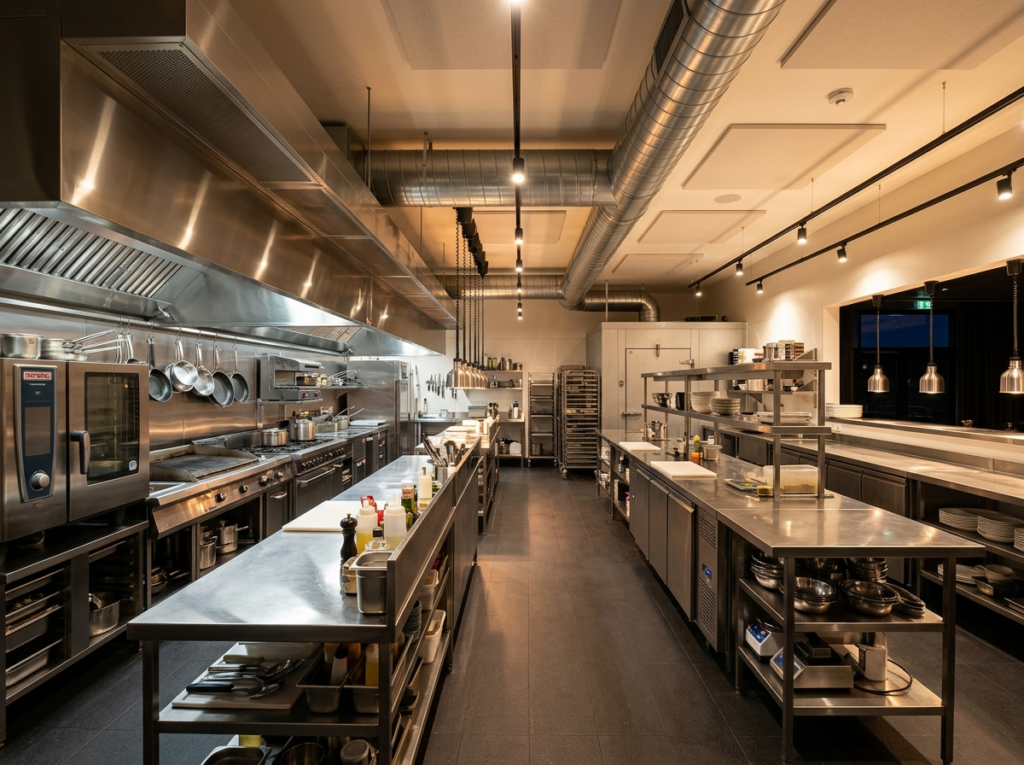 Modern commercial restaurant kitchen interior