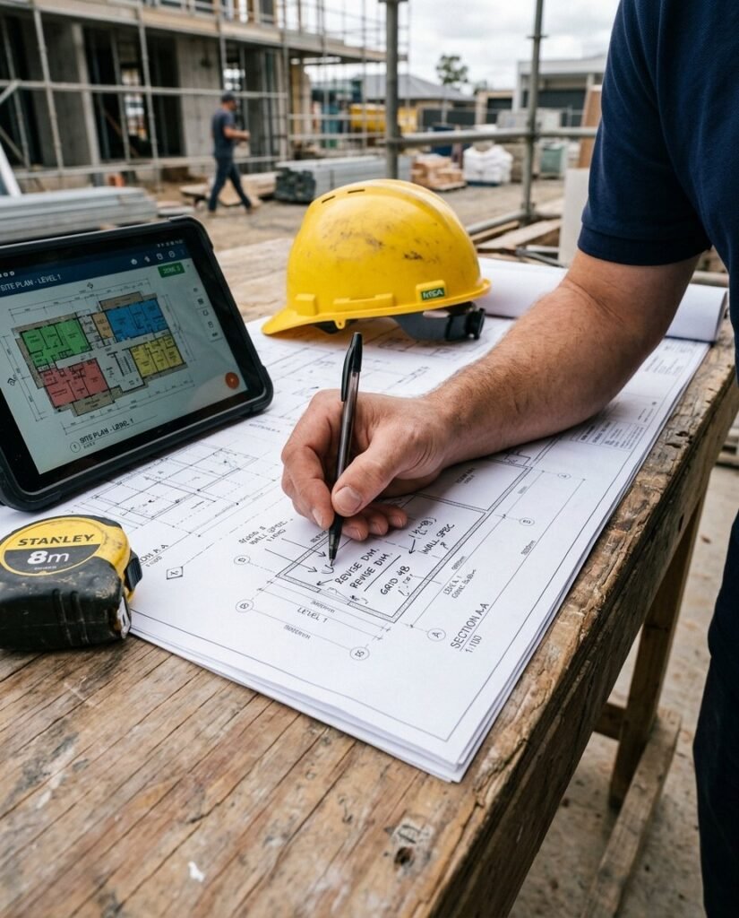 Technician reviewing blueprints on a construction site