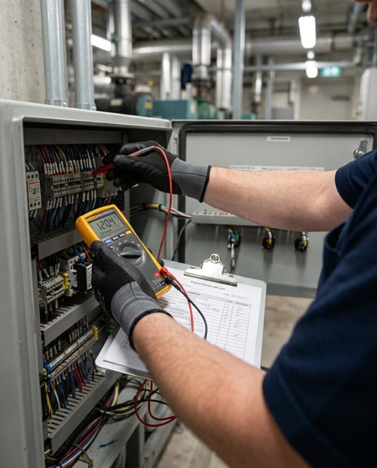 Teddy Tech technician testing an MEP electrical panel