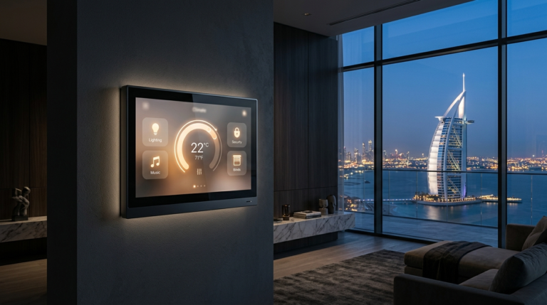Smart home control panel showing climate, lighting, security and music controls with Dubai skyline view