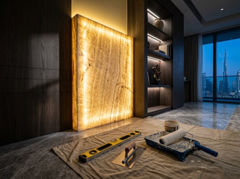 Premium interior finishing detail with backlit stone feature wall