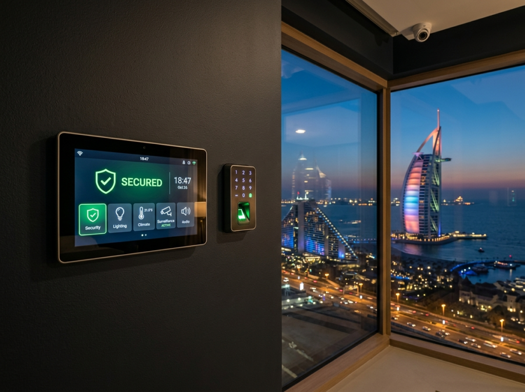 Smart security panel with CCTV and keypad access control, Dubai skyline at dusk