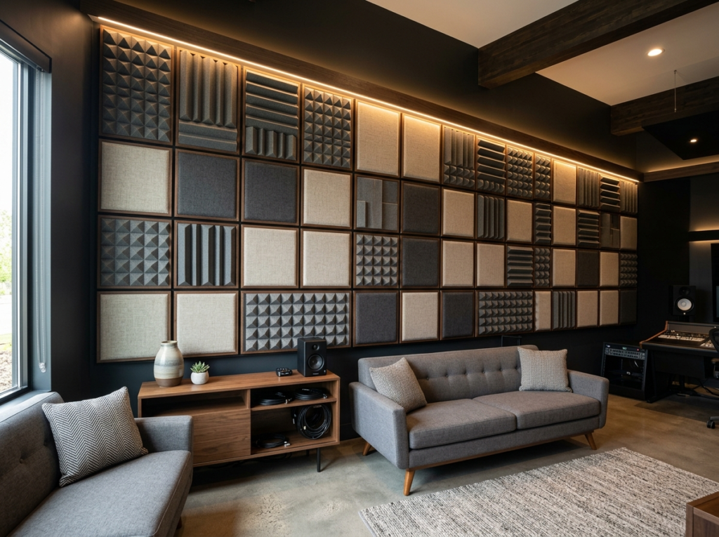 Modern acoustic sound proofing panel installation on an interior wall