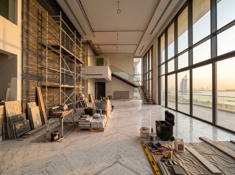 Villa renovation in progress with Dubai skyline view