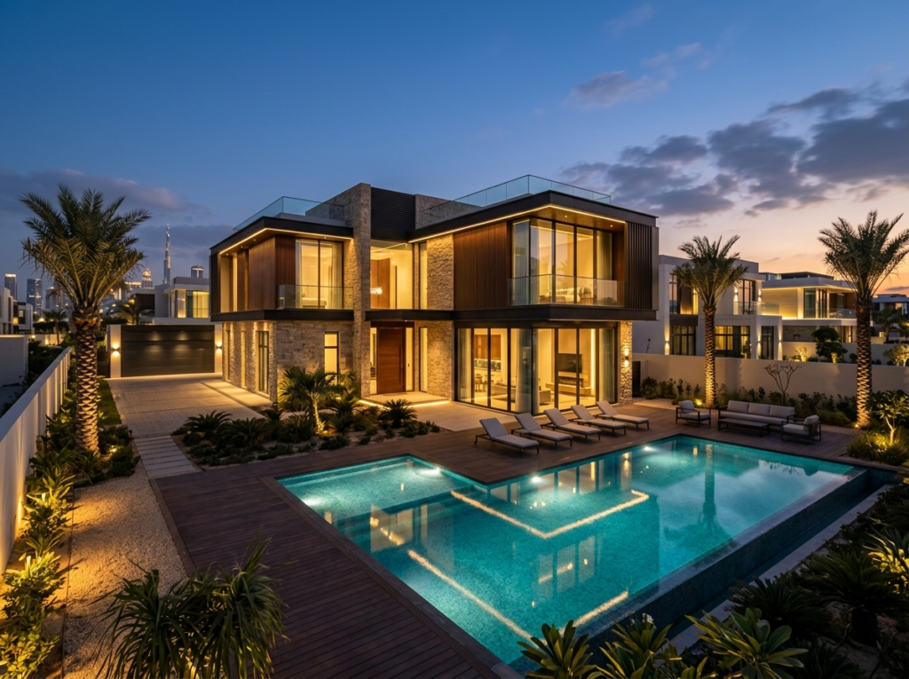 Modern renovated villa exterior with pool at dusk