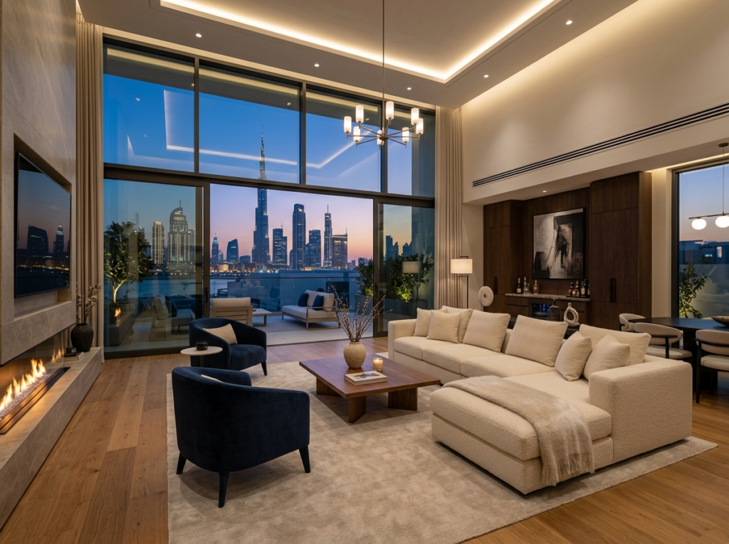 Luxurious renovated villa living room with Dubai skyline view